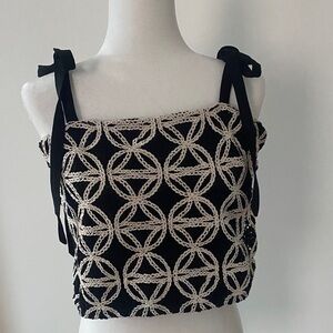 Express Black and Cream Crochet Crop Top with Adjustable Bow Straps
